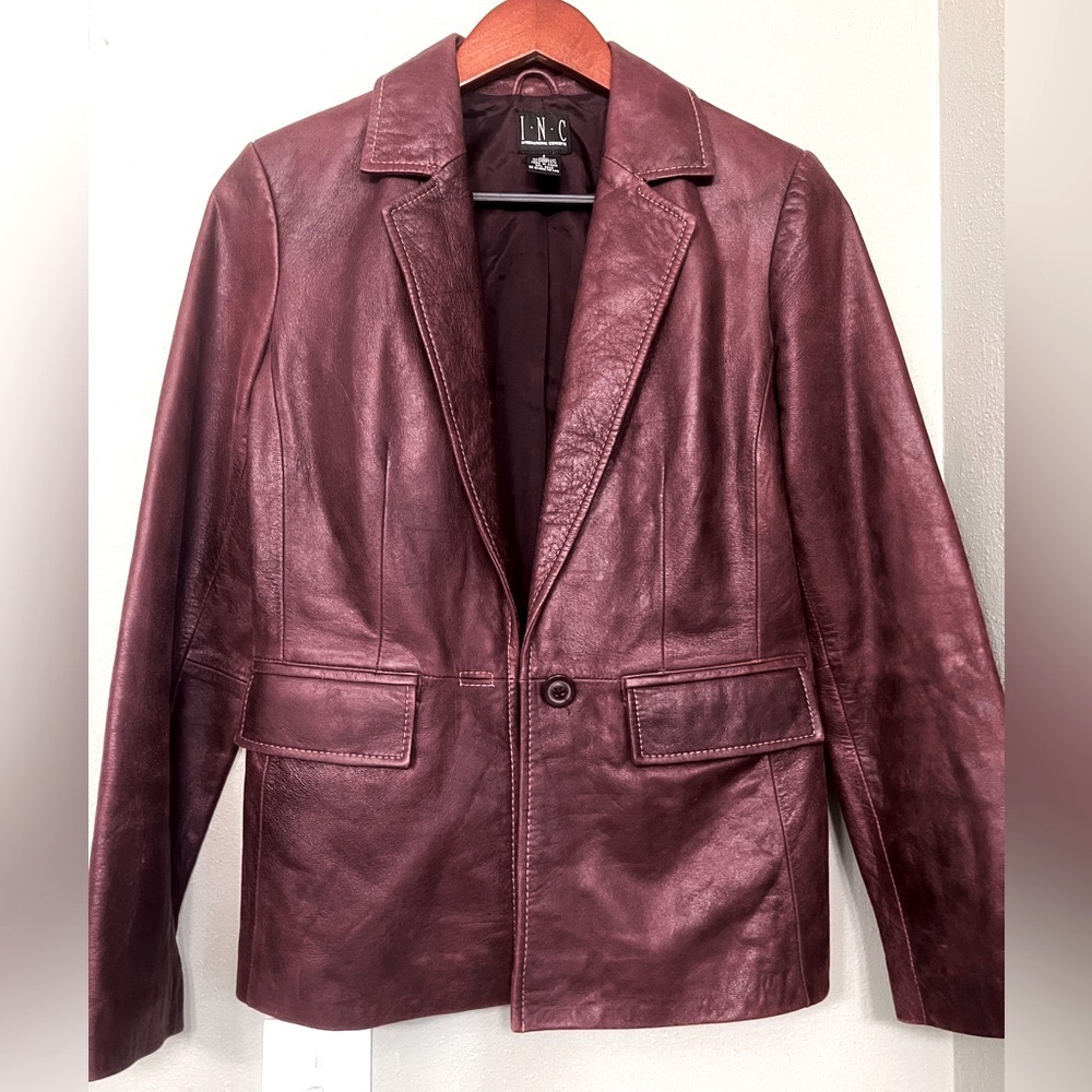 Women’s INC International Concepts Burgundy Genuine Leather Jacket Blazer Coat